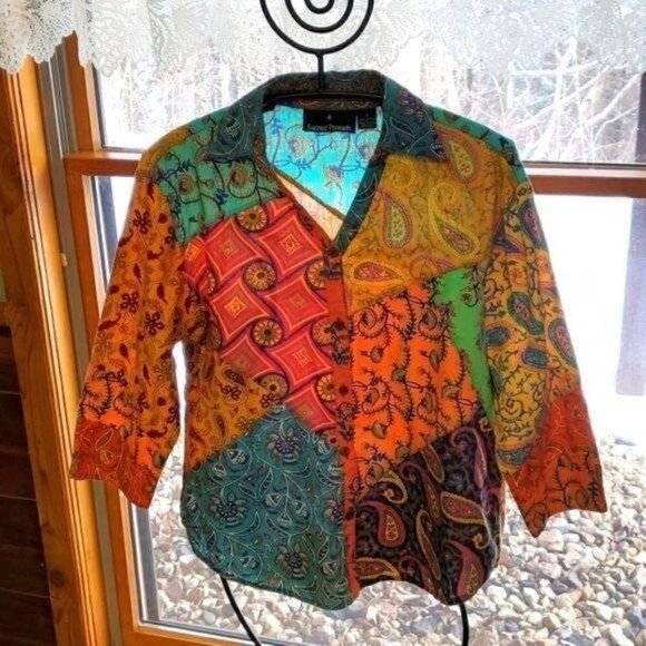 Sacred Threads Vivid V-neck Colorful Buttoned Blouse 3/4 Sleeve Sz. S Tunic - Picture 1 of 13